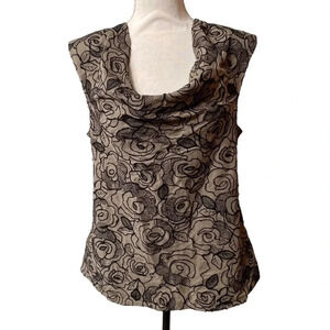 Tracy Reese Silk Embroidered Blouse M Brown Floral Cowl Neck Sleeveless Top